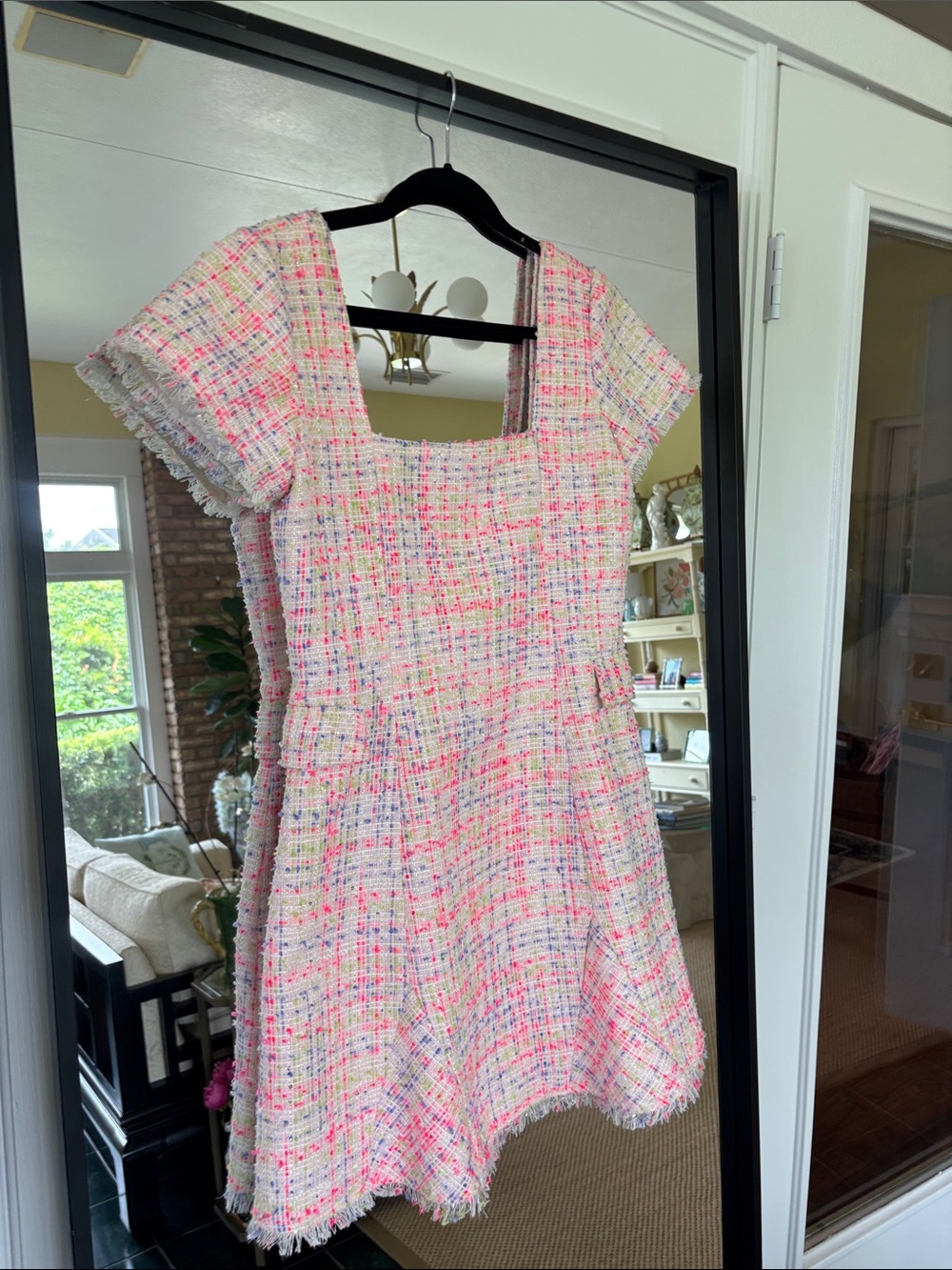Square-Neck Pink Multicolor Tweed Mini Dress